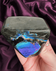 Blue flash labradorite freeform with rainbow streak and lunar storm effect from Madagascar