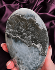 Moody black amethyst sugar quartz Freeform dome with druzy crystal surface and blue gray polished stone