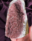 Velvet mulberry pink sugar amethyst cutbase with dense sparkling druzy and natural crystal cavity