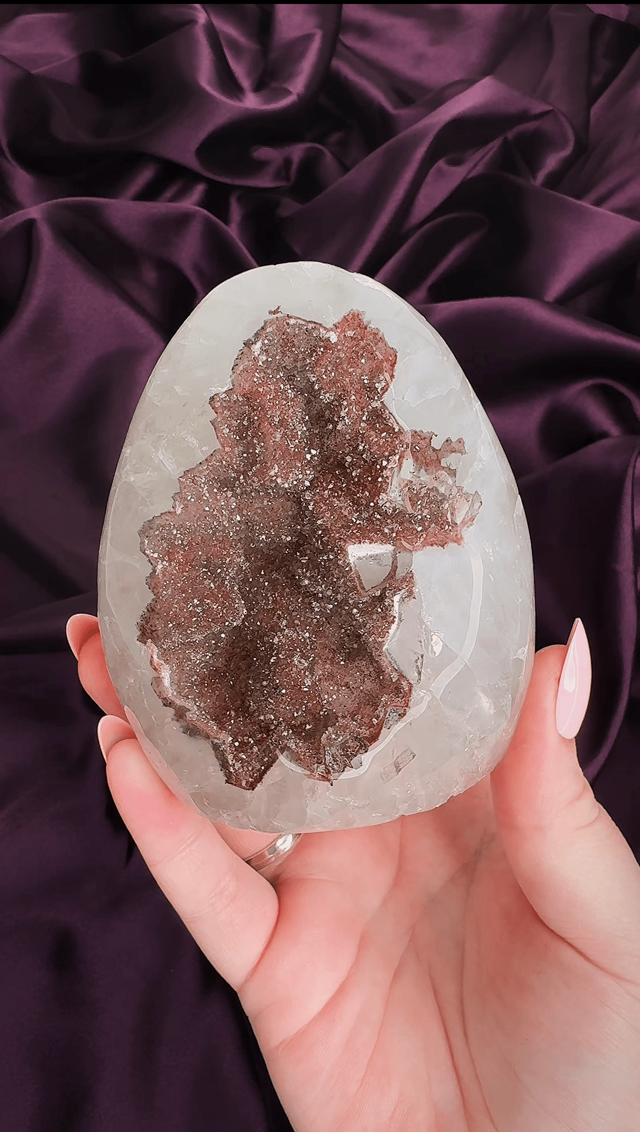 Christmas sugar amethyst egg dome with red green druzy center and polished white quartz body freeform
