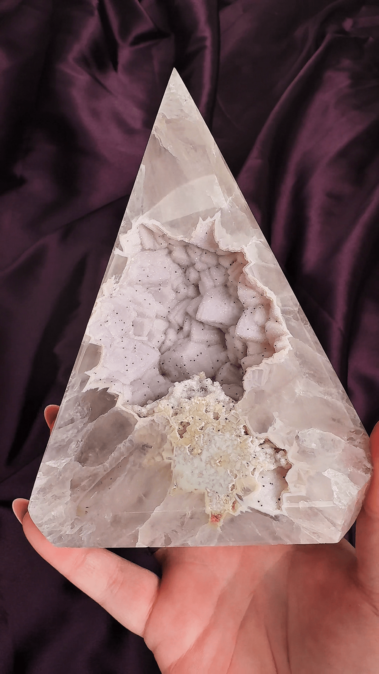 Icy Sugar Agate Pyramid with Druzy Center - natural crystal specimen - Valerian Gems