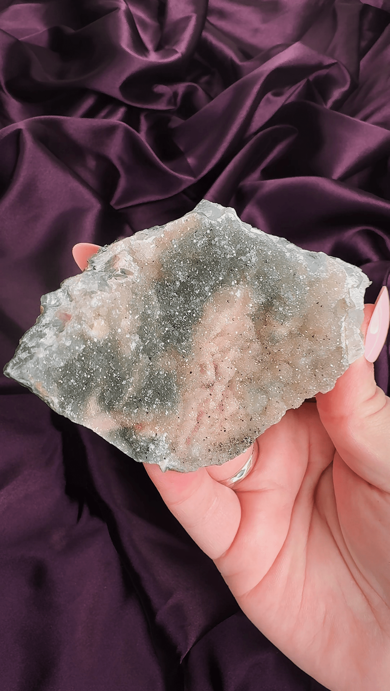 Peach and green sugar quartz cluster with natural druzy crystal surface