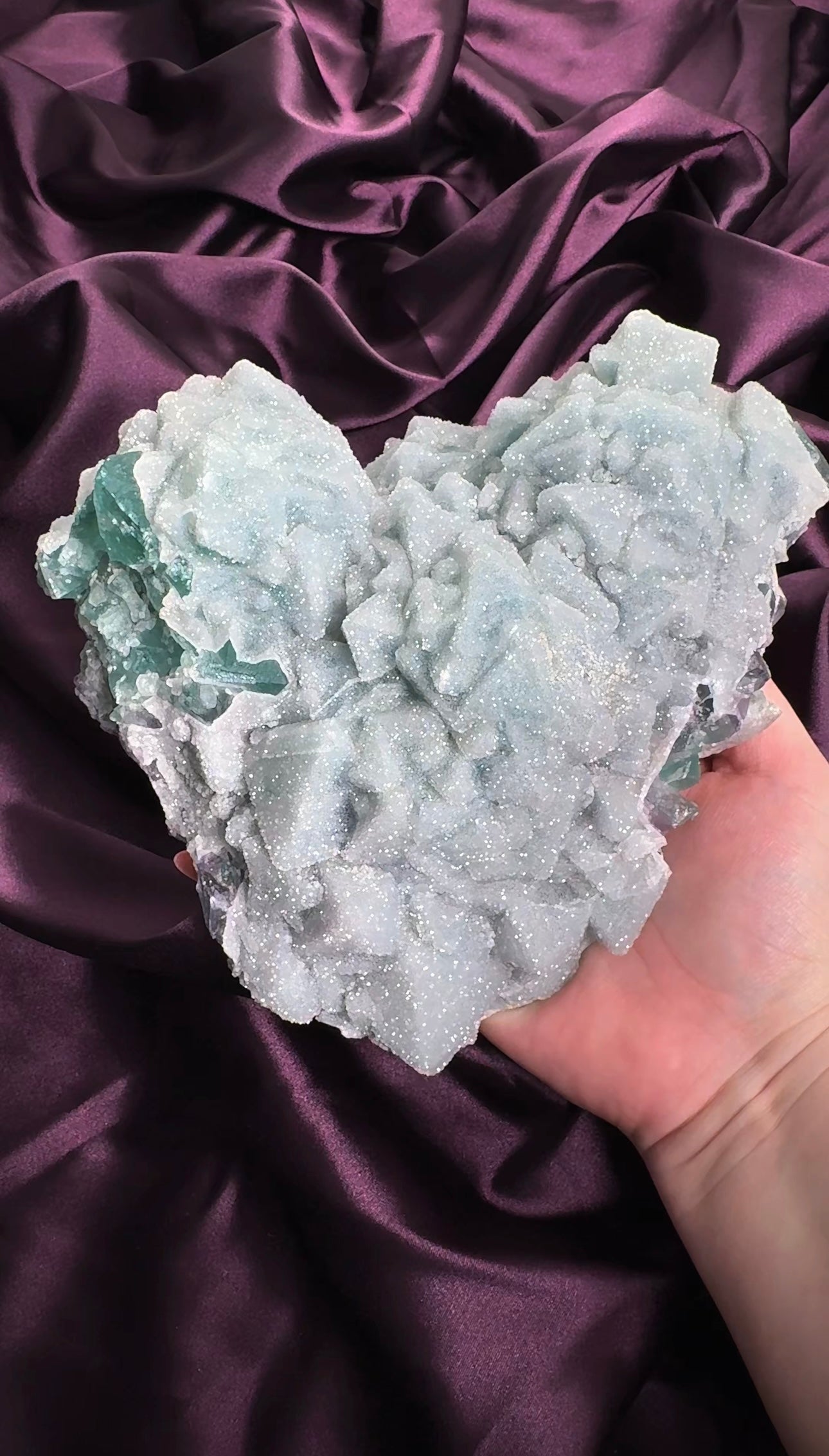 Powder blue sugar fluorite heart with druzy coating and soft icy tones